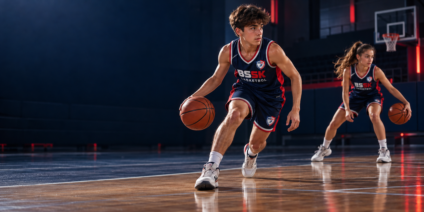 Temsili basketbol antrenmanı yapan iki sporcu